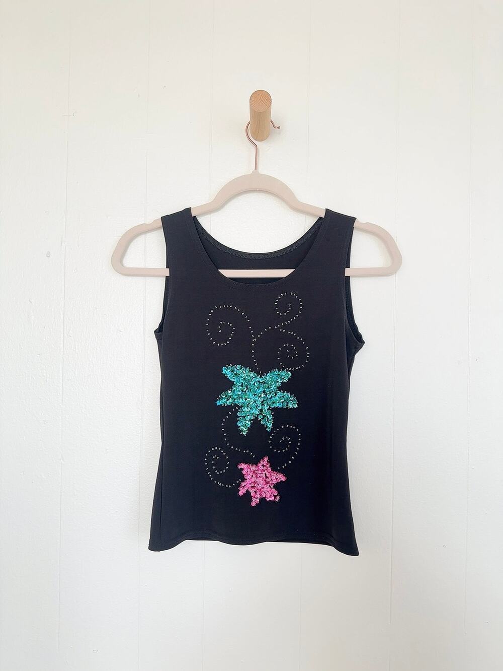 Vintage 90s Hand Embellished Black Sequin Starfish Tank Top Whimsigoth